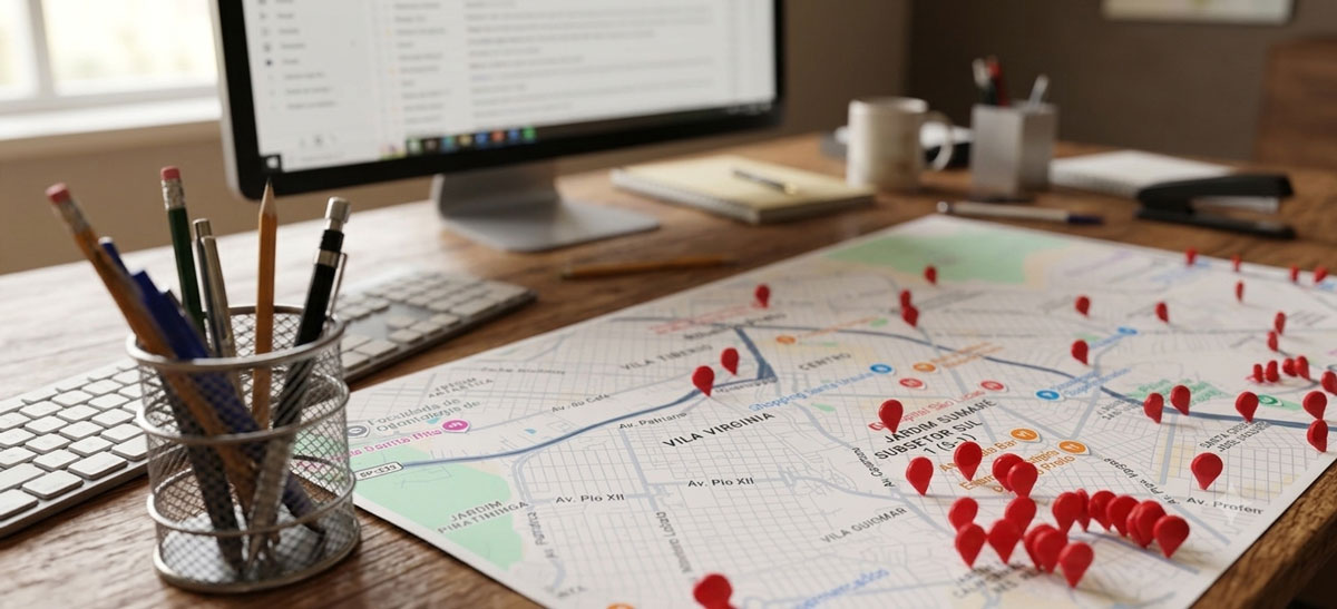 Mesa com mapa de Ribeirão Preto com pontos de outdoor marcados, e ao fundo, sistema aberto.