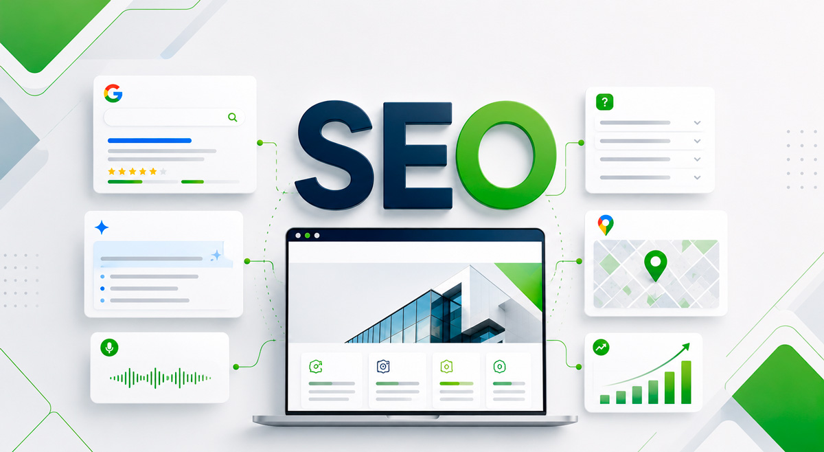 Sigla SEO rodeada por elementos que fazem parte da estratégia como os destaques do Google e maps.