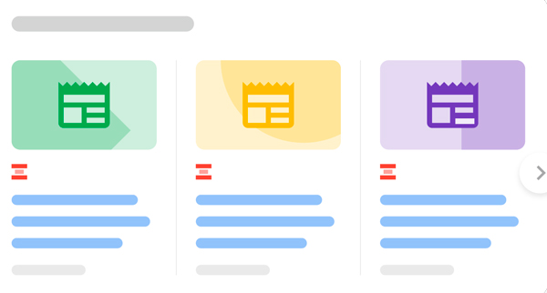 Simulação de como artigos aparecem no Google, em forma de carrossel, com imagem de capa, nome e trecho do conteúdo.