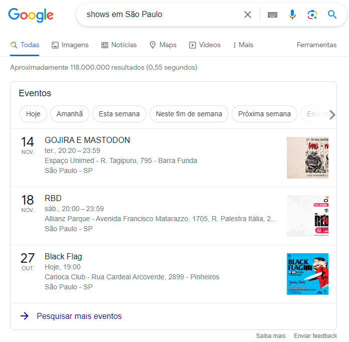 Resultado para 'shows em São Paulo', com uma tabela com nome dos eventos, data, local.