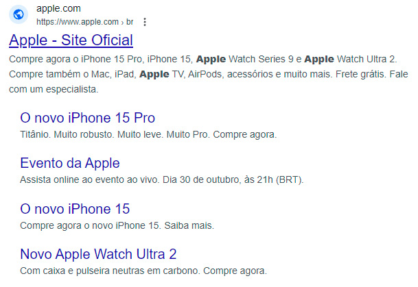 Feature sitelinks do Google, com link da Apple - site oficial e abaixo links para páginas deste site