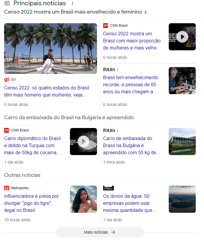 Seção de notícias com 7 notícias dispostas em quadrinhos.