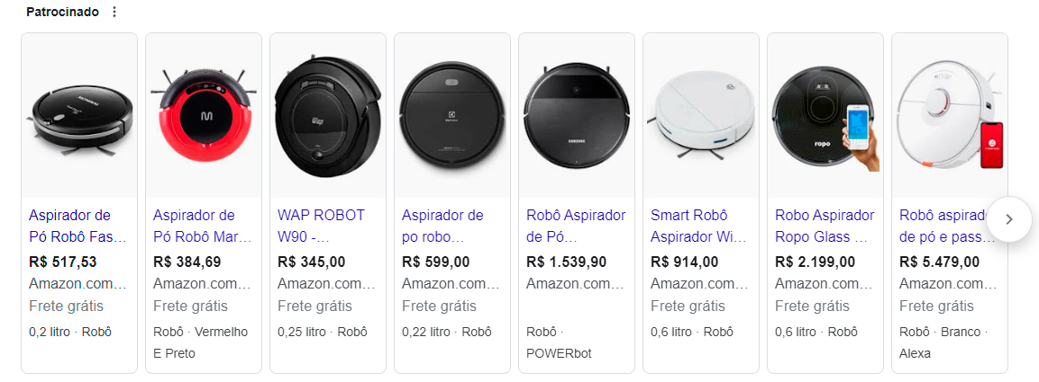 Lista de produtos do Google com nome da loja, preço e outros detalhes (em carrossel).