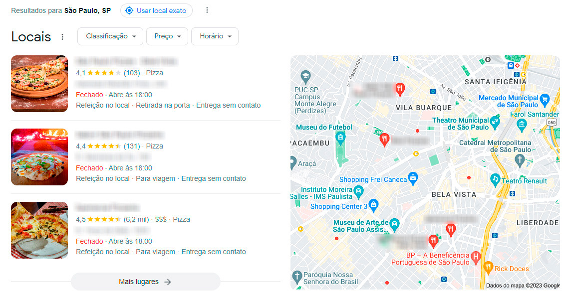 Mapa com pizzarias locais em São Paulo com detalhes ao lado, como telefone e horários.