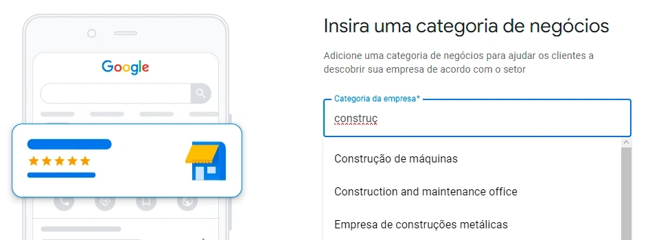 Print do processo de cadastro de empresa no Google, seção de categoria.