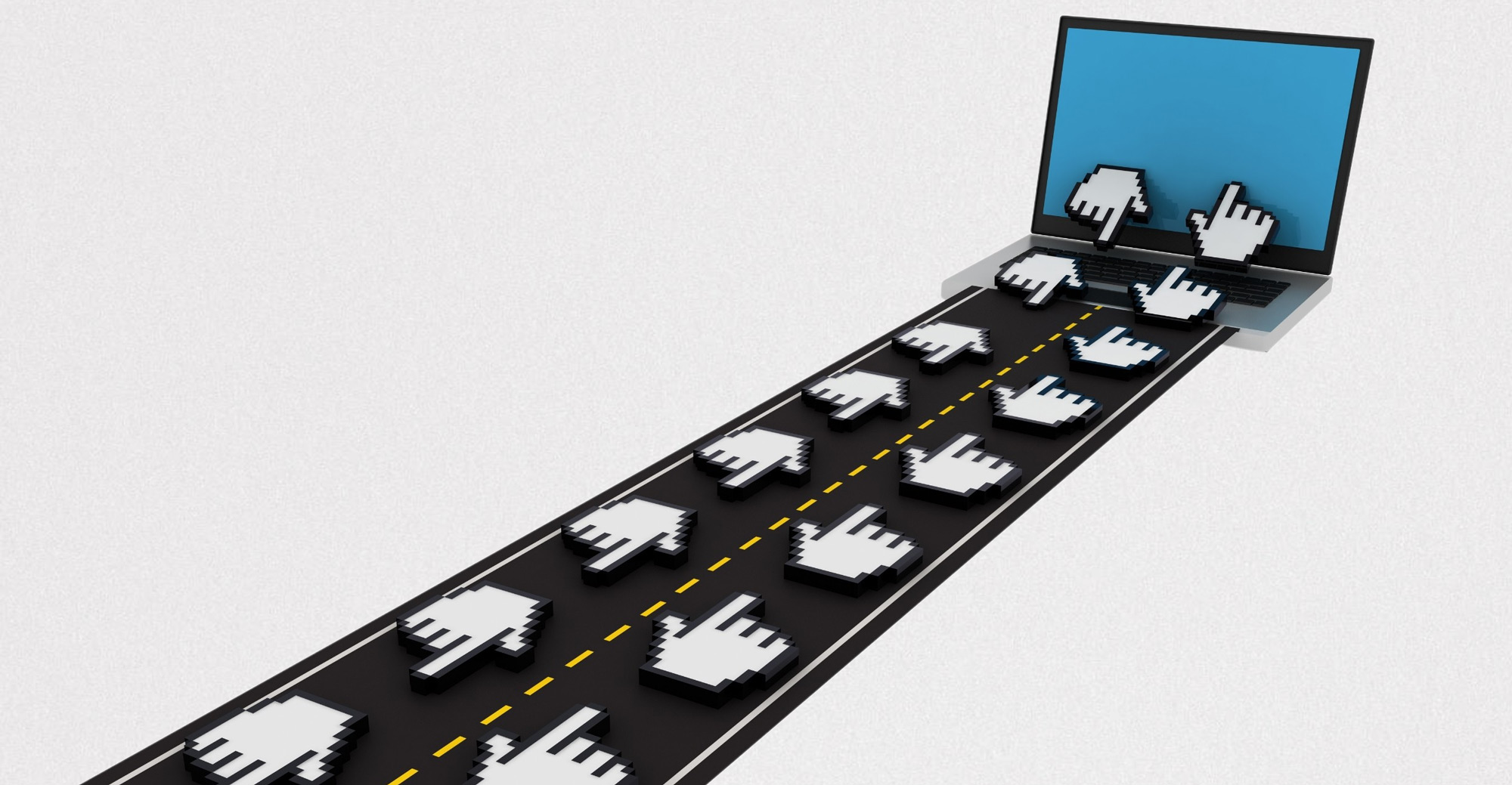 Estrada levando ícones de mouse e clique em direção a um computador.
