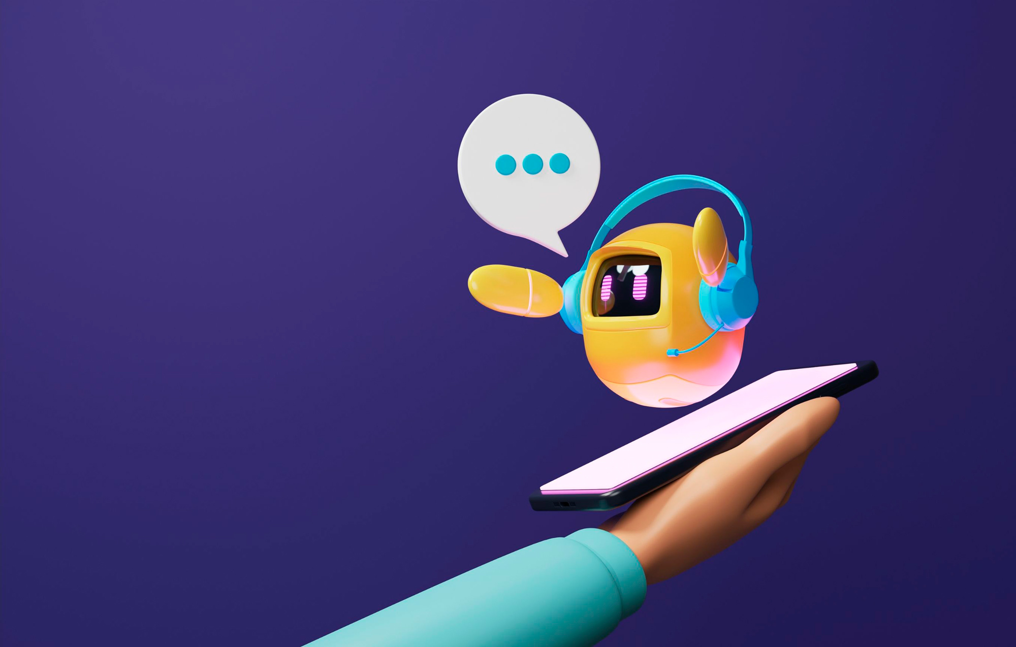 Chatbot representado por robô, saindo da tela de um smartphone.
