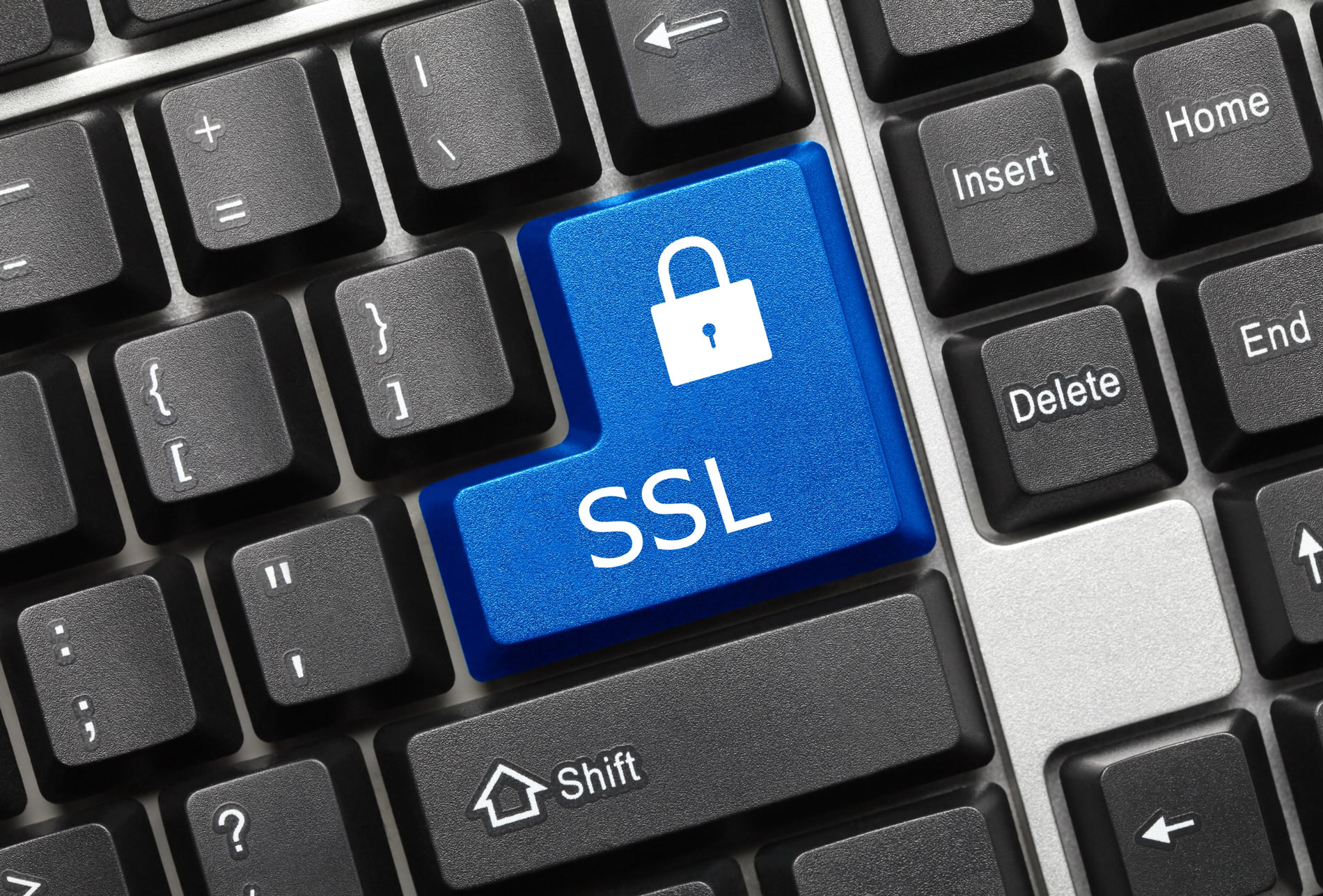Tecla com certificado SSL e cadeado, em azul.