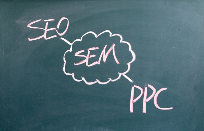 SEO e SEM em uma lousa, junto com PPC.