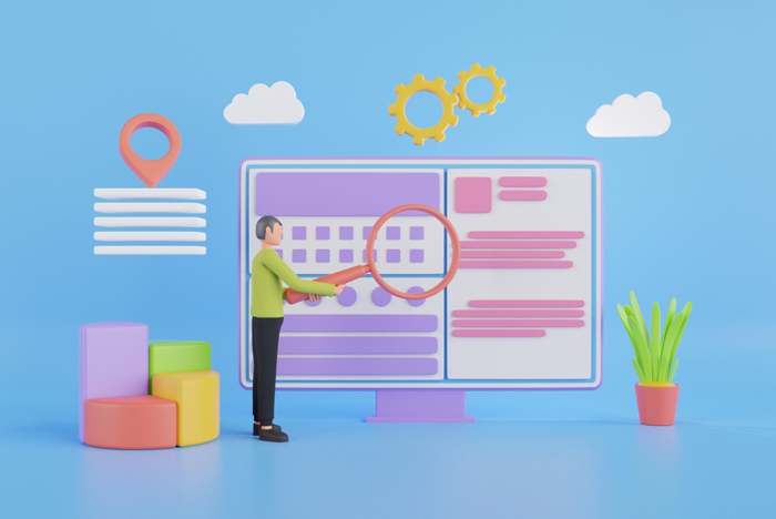 Personagem 3D realizando auditoria de SEO.