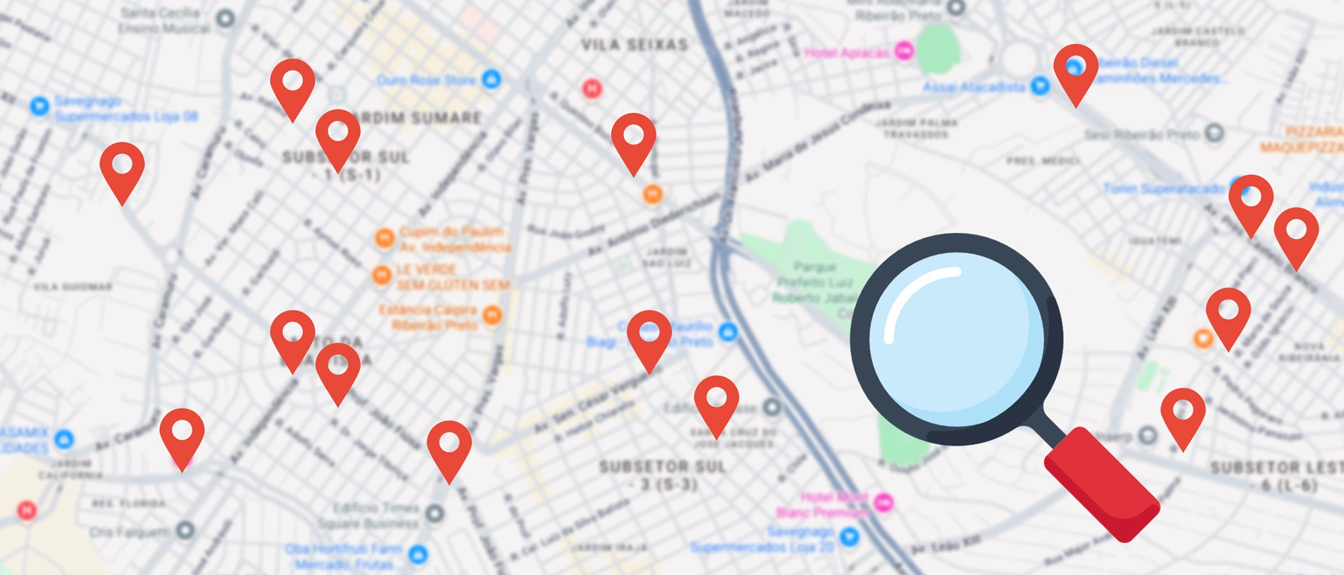 Mapa com indicadores do marketing de geolocalização.