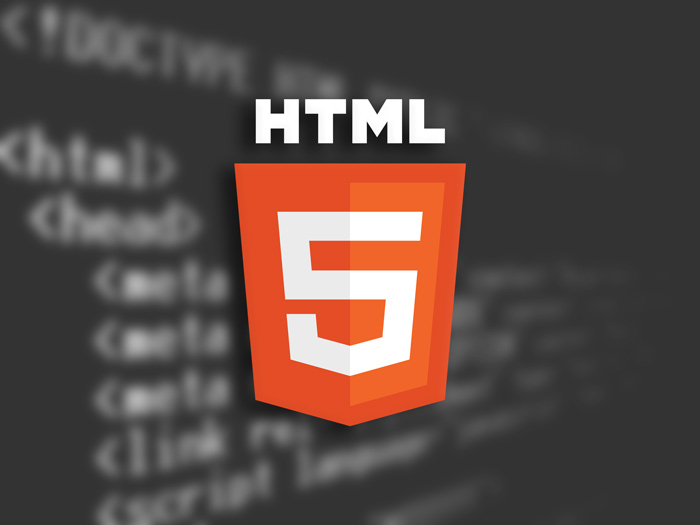 Símbolo do HTML5 sob fundo com tela com códigos de programação.