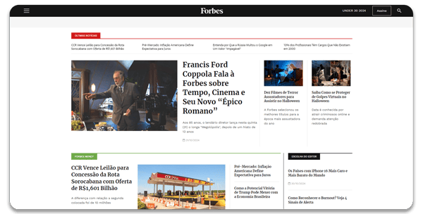 Imagem da home do site em wordpress da Forbes. A home exibe algumas das notícias mais recentes.