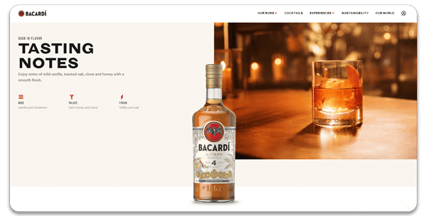 Imagem da página de produto do site da Bacardí, mostrando a bebida em destaque, e informações. Site em wordpress.