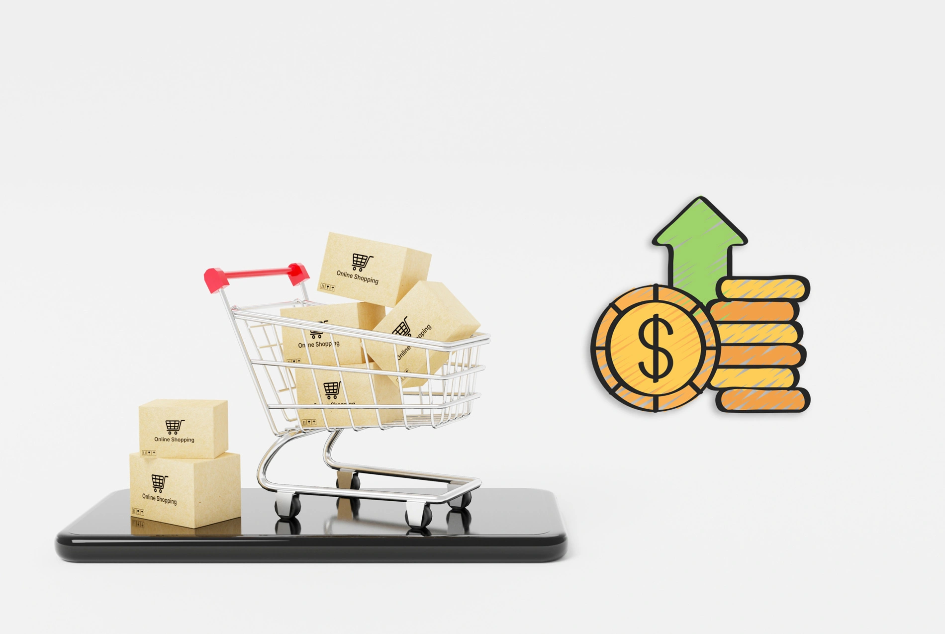 Carrinho de compras em cima de um celular, com ícone de dinheiro aumentando com as vendas de m commerce.