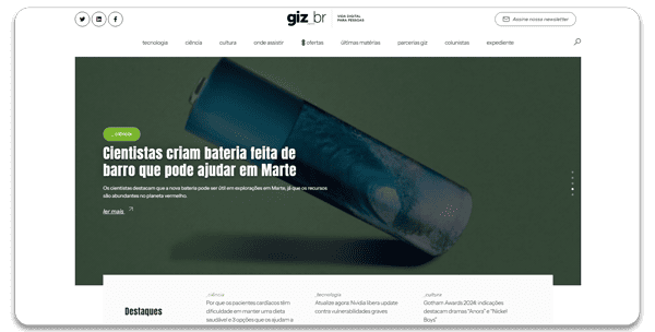 Imagem mostrando homepage do Gizmodo, site feito em wordpress.