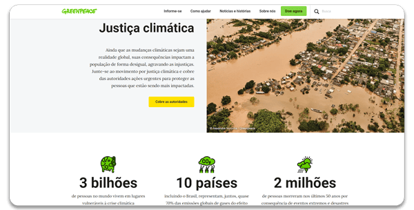 Imagem da página de "justiça climática" do site do Greenpeace Brasil, feito em WordPress.