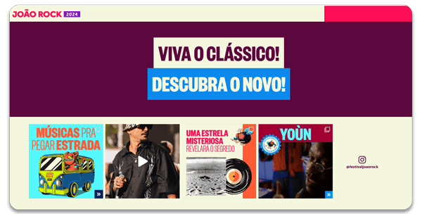 Imagem da home do site do João Rock, exemplo de site em wordpress. Na imagem, a frase "viva o clássico, descubra o novo" e algumas notícias.