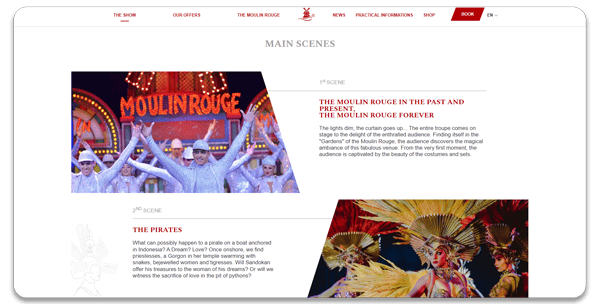 Imagem mostrando página "The Show" do site do Moulin Rouge, mais um exemplo de site em wordpress.