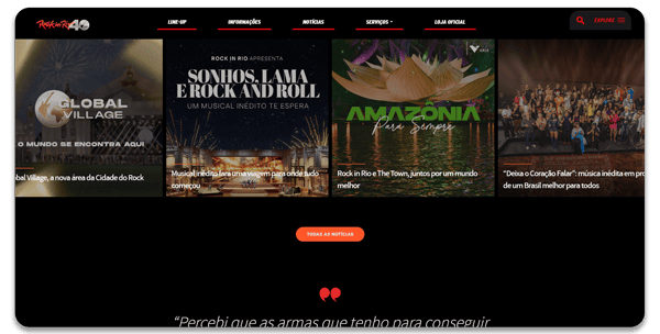 Homepage do site do RockI in Rio, construído em WordPress, mostrando algumas notícias.