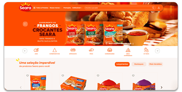 Imagem da homepage do site em wordpress da Seara. Mostrando alguns dos produtos.
