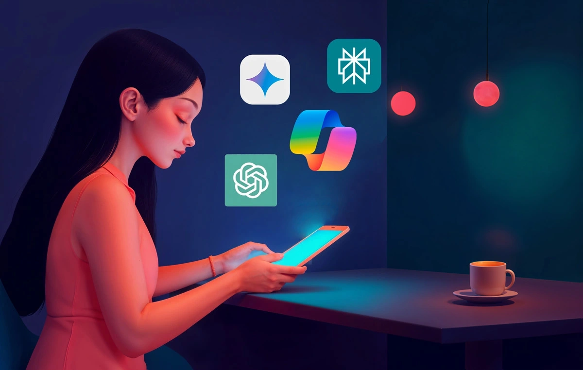 Menina utilizando tablet com ícones de inteligência artificial flutuando, com escrito Generative Engine Optimization (GEO) ao lado.