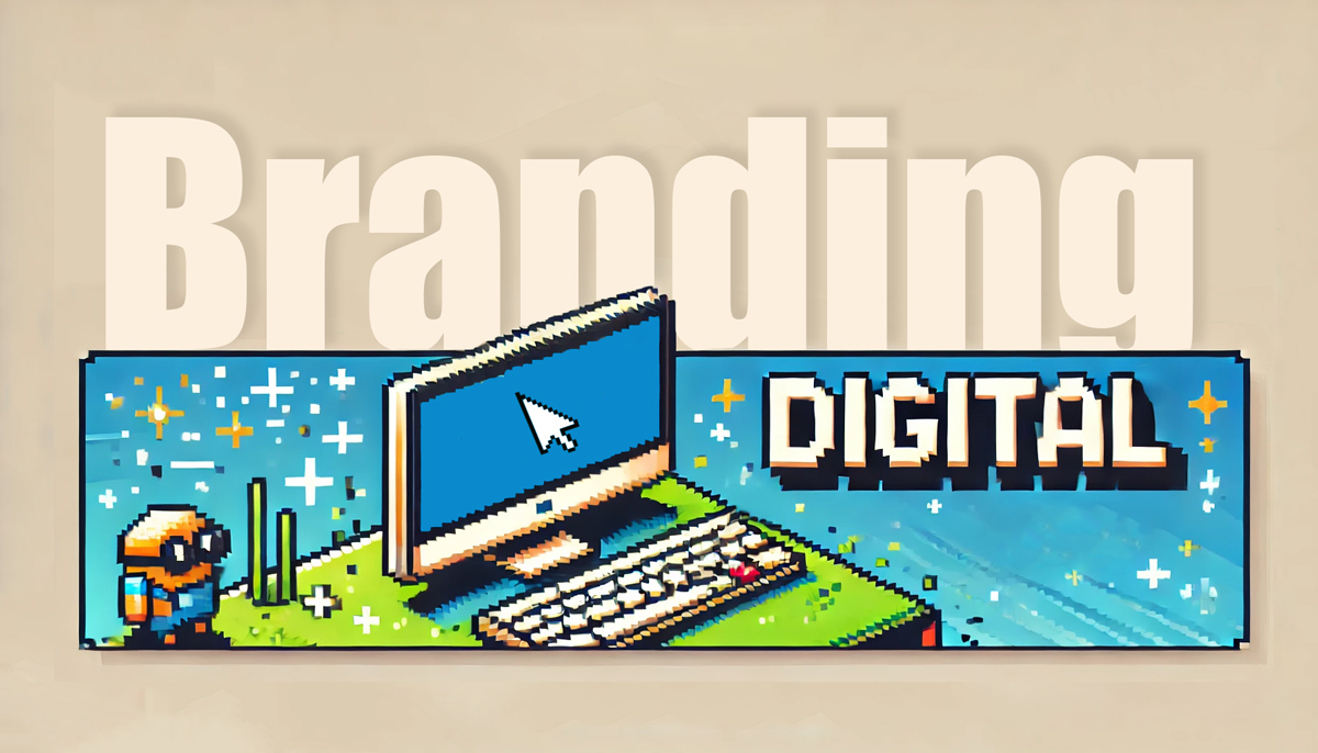 Imagem de computador em pixels, com texto digital branding.