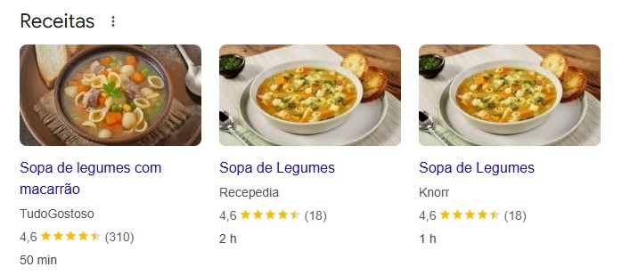 Dados estruturados de receita, exibindo três resultados para sopa de legumes.