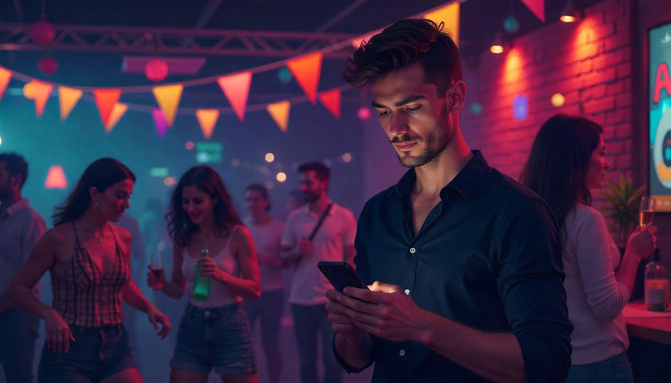 Ilustração digital mostrando homem em ambiente de festa usando seu smartphone, em micro-momento, fazendo pesquisa.