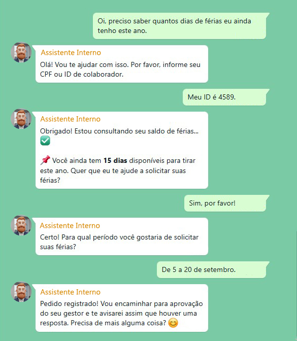 Conversa entre colaborador e chatbot com IA interno da empresa, na qual ele pergunta quantos dias tem de férias e marca a data das próximas férias.