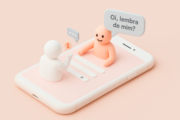 Dois bonequinhos em 3D interagindo de dentro da tela de um celular. Um diz: oi, lembra de mim? Representando estratégia de remarketing.