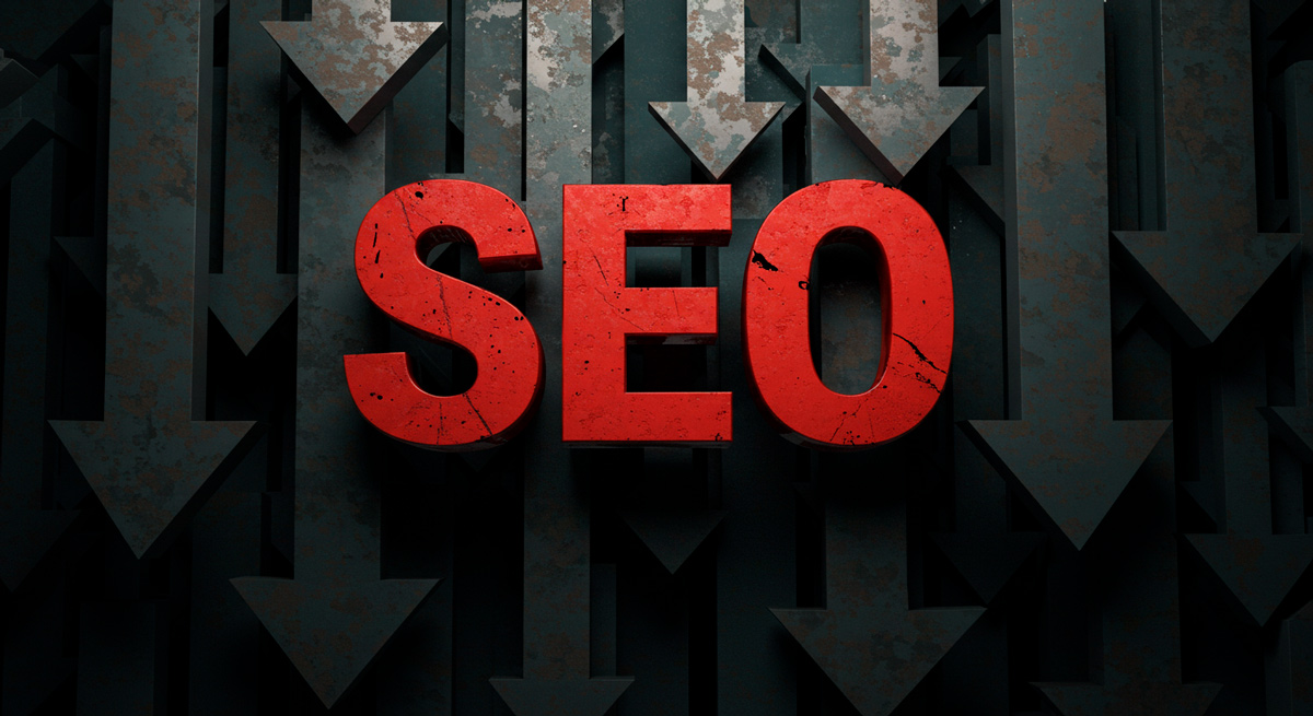 Siga SEO com fundo escuro com setas indo pra baixo, indicando uma prática de SEO negativo.