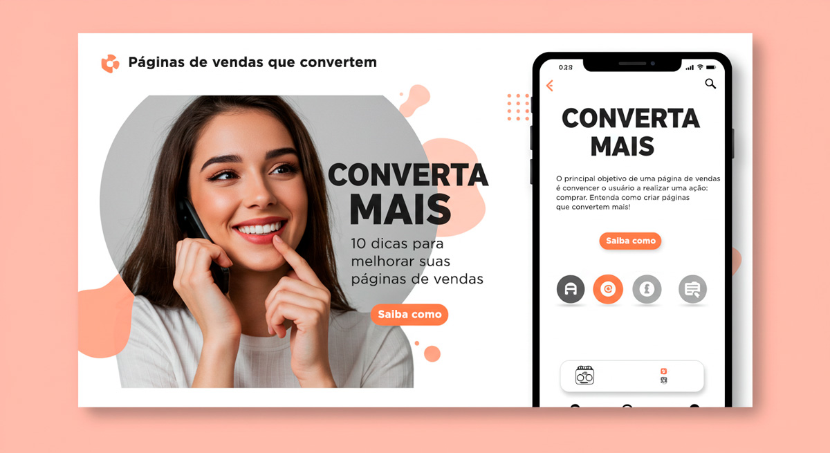 Simulação de uma página de vendas no desktop e mobile, com título "converta mais".