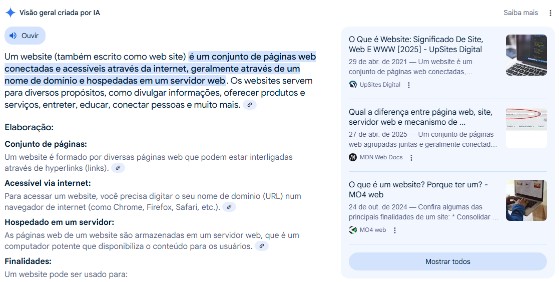 Visões gerais de IA do Google citando a MO4 web.