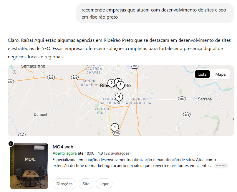 MO4 web sendo recomendada por ChatGPT. Estrategia aplicada SEO, GEO E AEO.