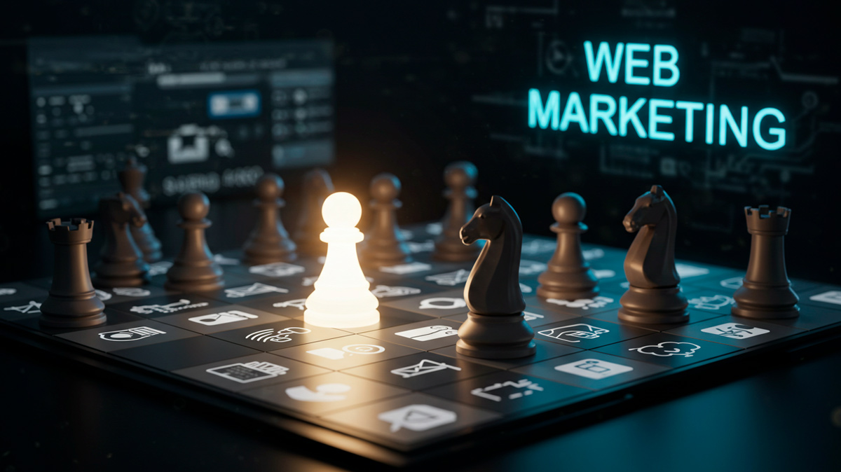 Webmarketing sendo representado por um jogo de xadrez, com uma peça se destacando.