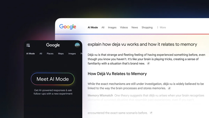 Interface do AI Mode em desktop e mobile.
