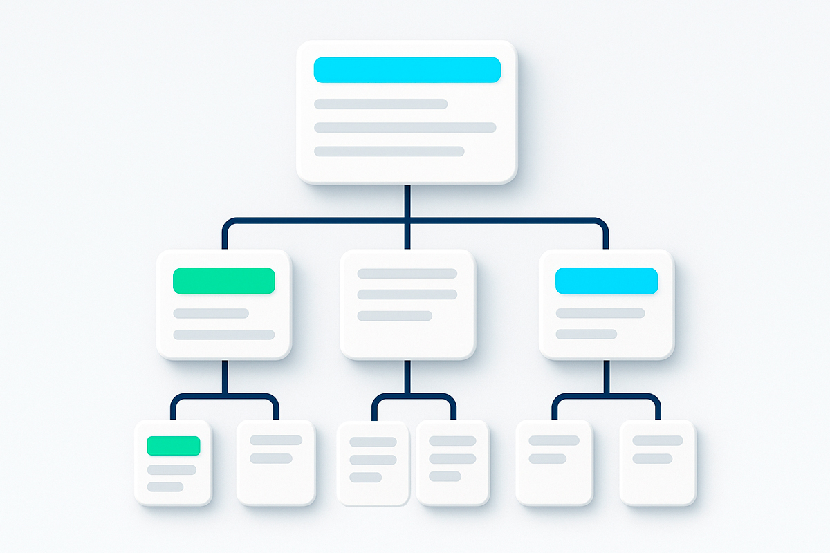 Representação gráfica de várias páginas de site interligadas, mostrando o que é sitemap.