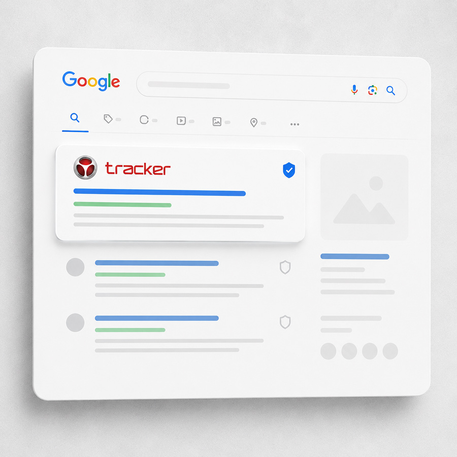 Página de resultados Google com Tracker posicionada, representação gráfica.