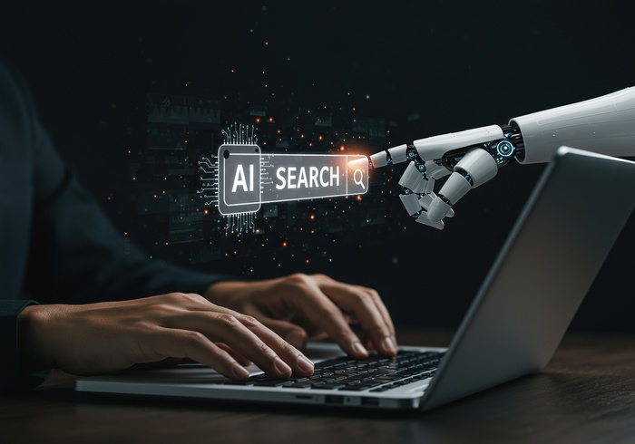 Interação entre humano e inteligência artificial em uma barra de busca digital, simbolizando como os mitos do SEO influenciam a forma como pessoas e algoritmos realizam pesquisas.