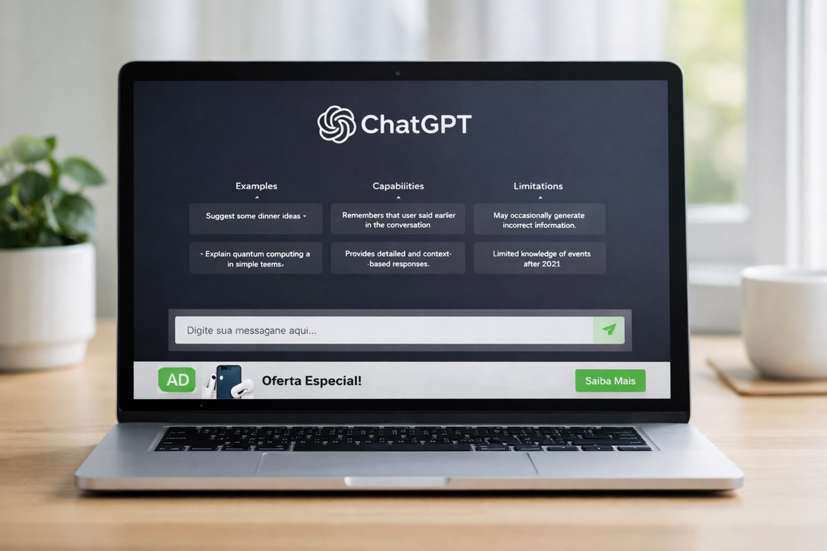 Tela inicial do ChatGPT em um notebook, ilustrando mudanças na plataforma e o debate sobre chatgpt com anúncios nos planos de uso da ferramenta.