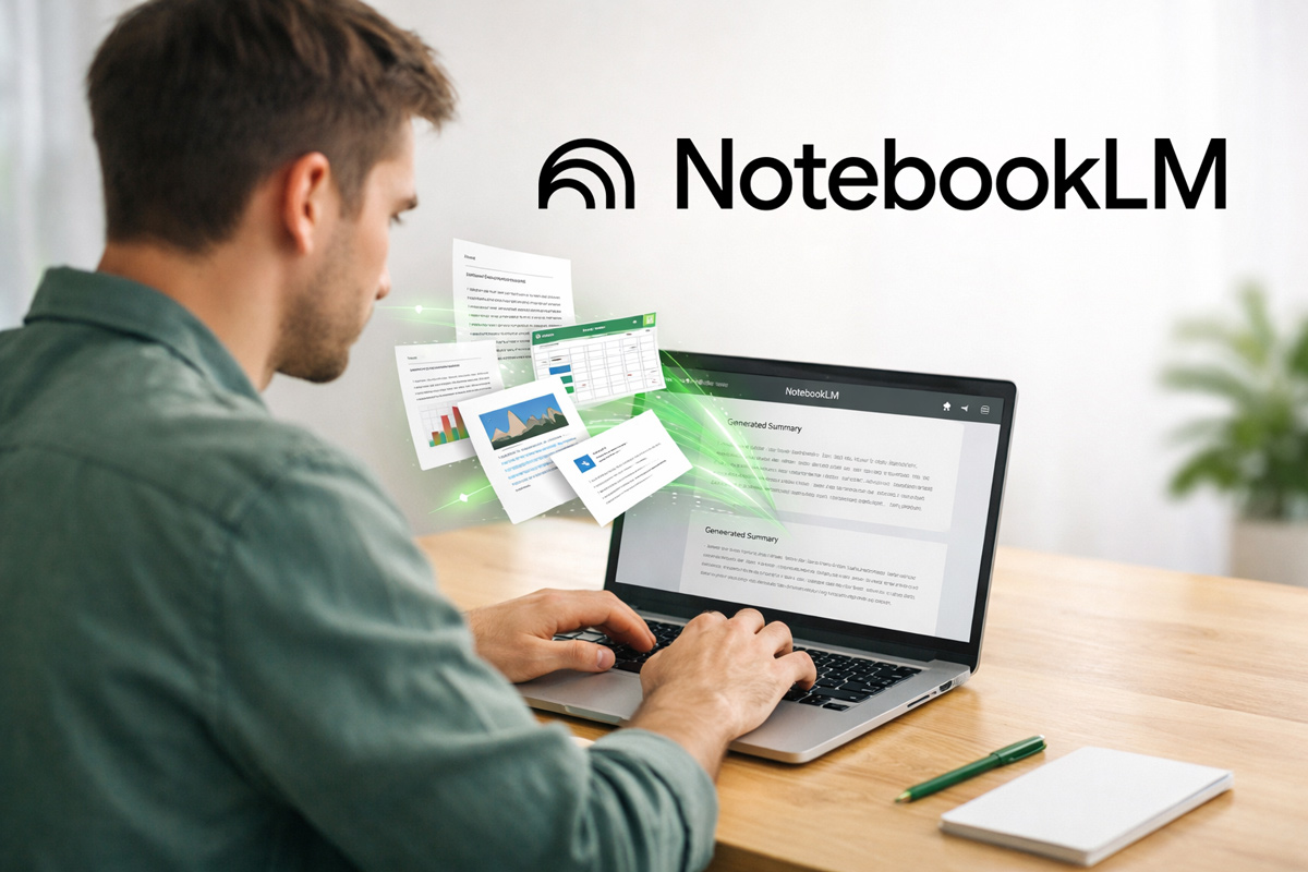Profissional usando o Google no notebook para pesquisar informações e entender o que é o NotebookLM e como ele pode apoiar pesquisas e produção de conteúdo