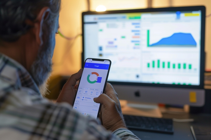 Profissional analisando dados de desempenho em dashboards no computador e no celular, identificando falhas de conversão em páginas de produto que não vendem.