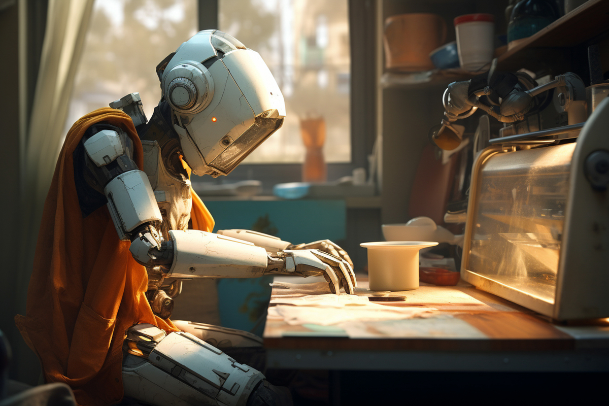 Robô humanoide sentado à mesa realizando uma tarefa cotidiana, metáfora visual da IA em conteúdo assumindo funções antes humanas na produção e no trabalho criativo.