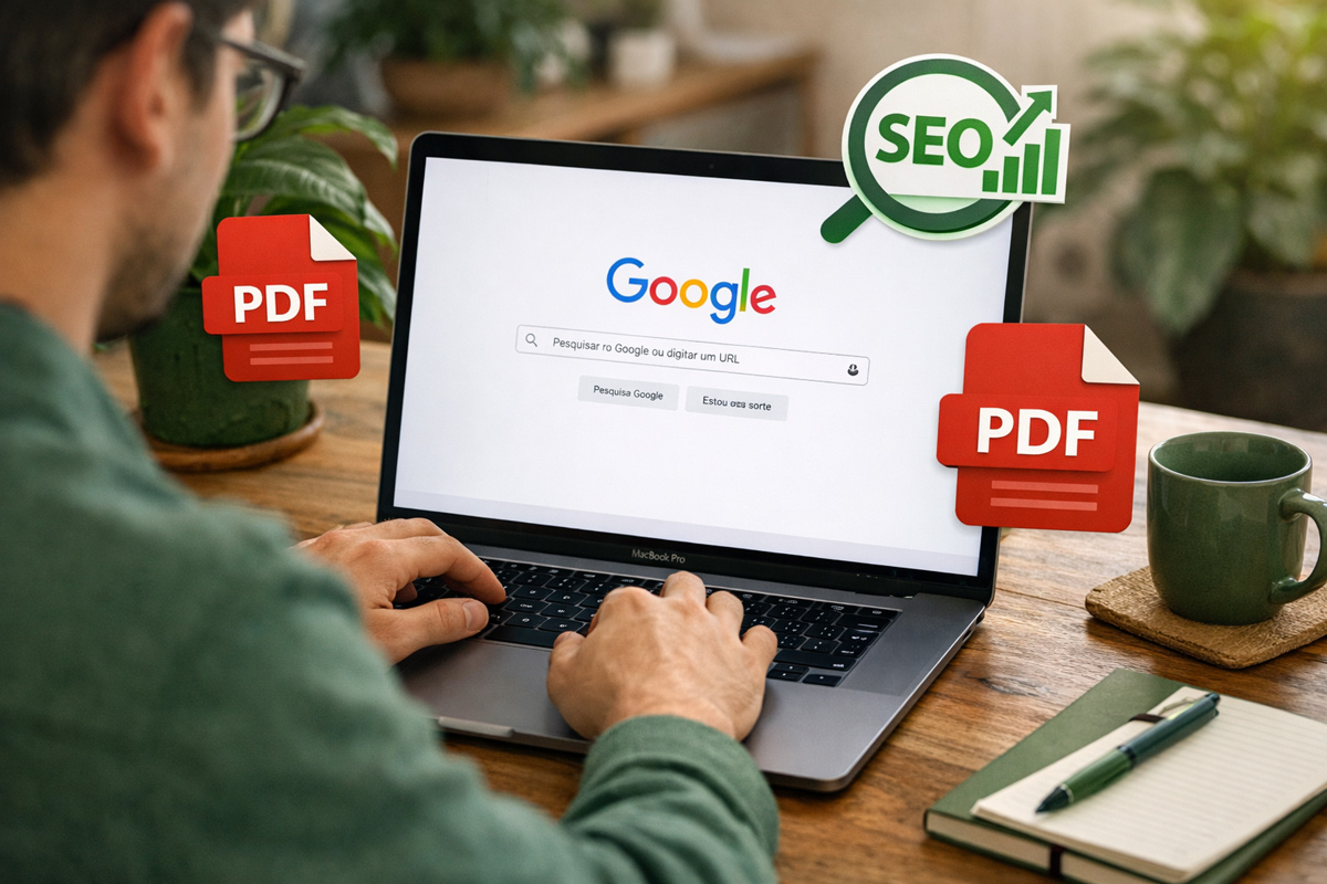 Profissional editando documento digital em notebook com ícone de PDF na tela, ilustrando como ranquear PDF no Google por meio de otimização de conteúdo, metadados e estrutura de SEO para documentos.