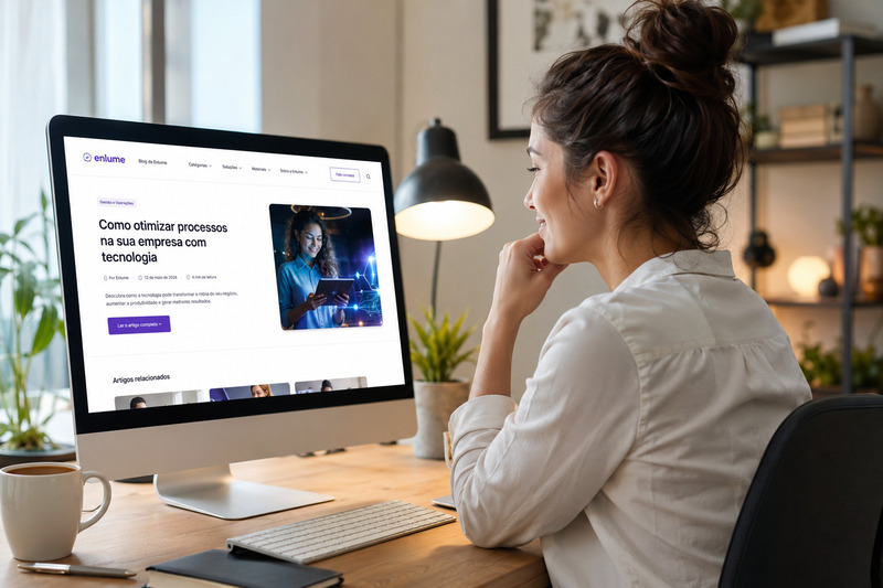 conteúdo de autoridade: mulher lendo artigo em blog da marca com olhar de satisfação e confiança no que lê