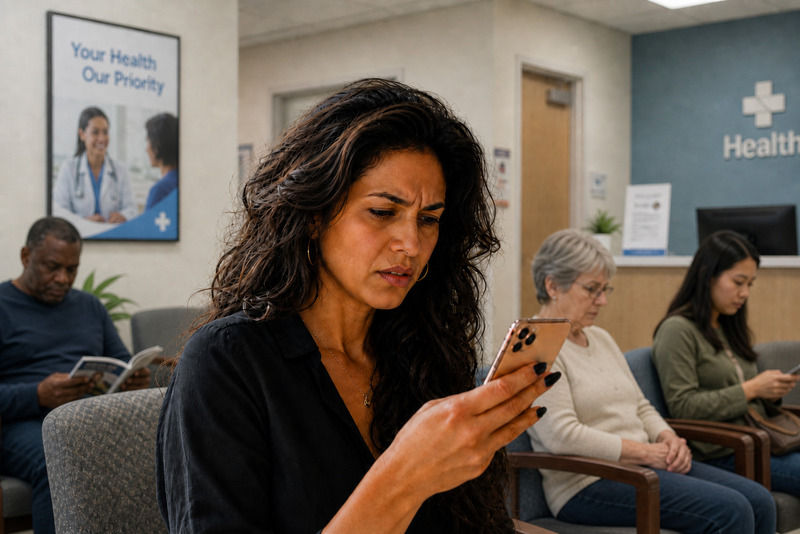  Mulher lendo no celular avaliações negativas sem resposta com expressão de desconfiança