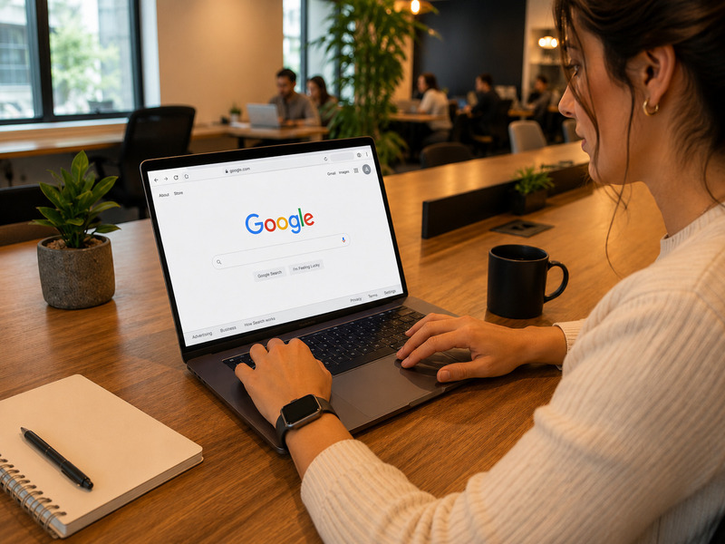 Importância do Google para o marketing: mulher pesquisando no Google Search