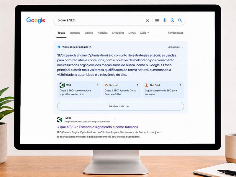 Página de resultados do Google com IA overview entregando resposta sobre dúvida, conteúdo orgânico útil, não com autopromoção de marca.